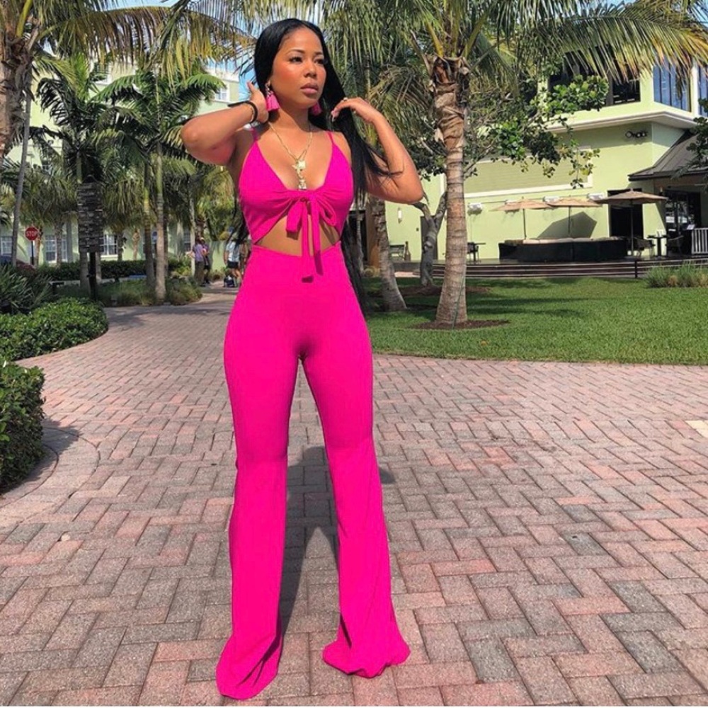 Hot pink long pants flare jumpsuit